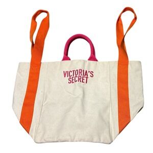 Victoria's Secret Bombshell Summer Coral Orange & Pink Canvas Beach Tote Bag
